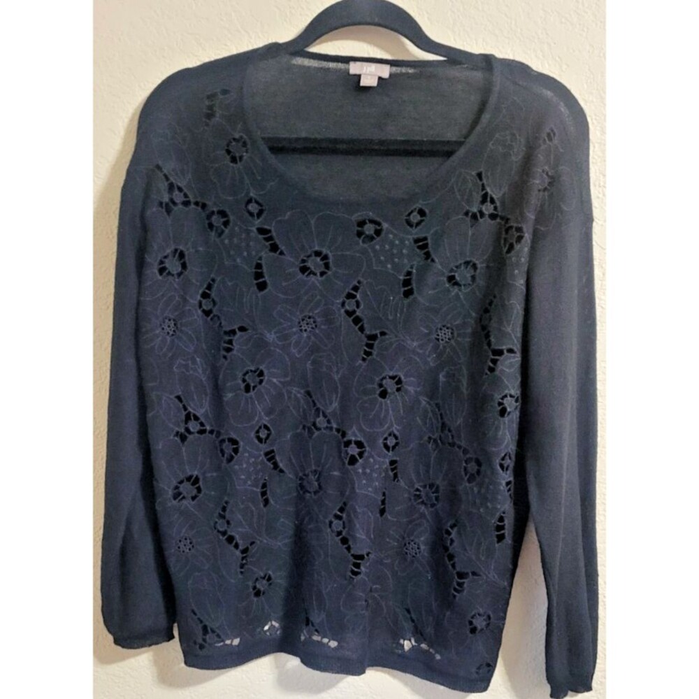 J Jill Sweater Linen Black Small Floral Lace Boxy Oversize Lightweight Career